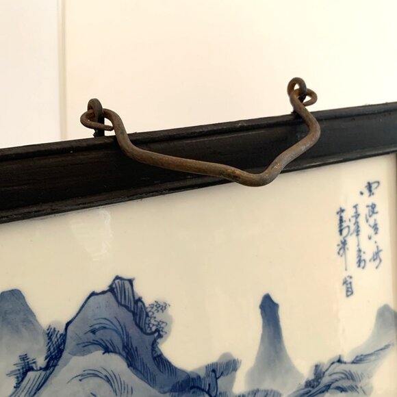 2 Chinese Export Canton Porcelain Wall Plaques Blue & White Wood Framed 9x10.25 - Picture 5 of 8